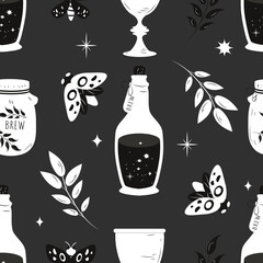 Wall Mural - vector seamless pattern in a flat style on the theme of witchcraft and halloween. pattern with witches potions