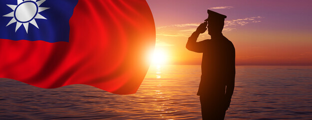 Silhouette of Soldier in sunset background . Taiwan . National holiday .