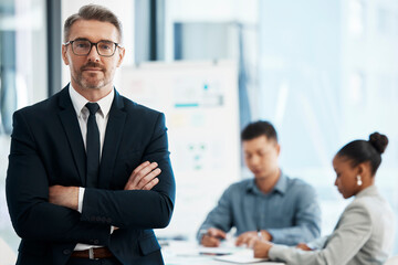 Poster - Leader, manager and ceo working in management for a corporate company with vision, leadership and confidence for startup success. Portrait of serious executive, business man and boss in an office