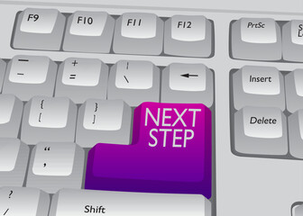 Poster - Computer Keyboard with Next Step text. Close-up of an electronic Computer Device part, keypad.