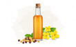 Mustard oil bottle with mustard seeds and flower vector illustration