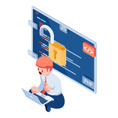 Aufkleber - isometric businessman or developer working with open source software script