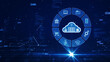 Cloud and edge computing technology concepts with cybersecurity protection. There is a prominent large cloud on the right side and other icons around it. binary code polygon on dark blue background.