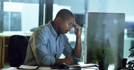 Poster - Yawning, tired and late night work of business man working on a office computer online. Stress headache pain of company employee with mental health burnout while typing a web accounting project