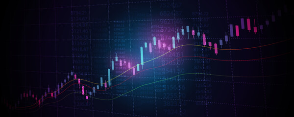 Financial graph with up trend line candlestick chart in stock market on neon color Widescreen background
