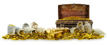 A Lot Of Stacking Gold Coins In Treasure Stack And Gold Bar 1kg On White Background