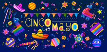 Mexican Holiday Pinata Background. Cinco De Mayo Birthday Mexico Design With Donkey And Confetti, Fiesta And Carnival With Candy And Paper Toys. Cartoon Flat Vector Flyer Poster