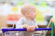 kid in the store on the grocery cart is a small customer