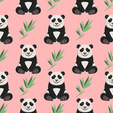 Fototapeta Dziecięca - Vector seamless pattern cute pandas. Mascot funny bear cubs. Children's animalistic background with animals and bamboo leaves for clothes, wrapping paper, textiles.