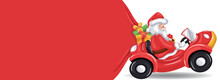 Merry Christmas Background With Santa Claus Driving Car And Pulling Gift Bag On Snow. Christmas Banner With Space For Text
