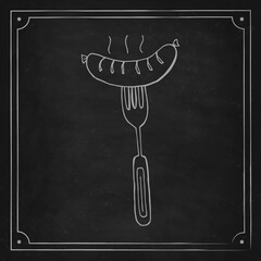 Wall Mural - Oktoberfest 2022 - Beer Festival. Hand-drawn Doodle bavarian sausage on a fork on a black chalk board. German Traditional holiday.