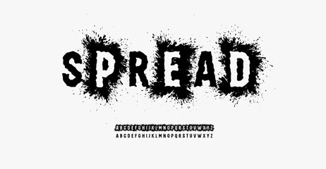 Aufkleber - Grunge uneven font with spread splash, high letters with spray effect. Rough alphabet for punk headline, graffiti lettering, urban monogram, street sport logo. Vector typographic design