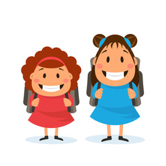 Cartoon happy schoolgirls. Two girls with backpacks