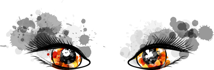 Canvas Print - Beautiful brown eyes with grey paint splash decorative elements. Conceptual vector illustration in artistic style.