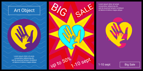 Poster - Trendy retro posters for organizing sales and other events. Large mom with baby symbol in the center of each poster. Vector illustration on black background