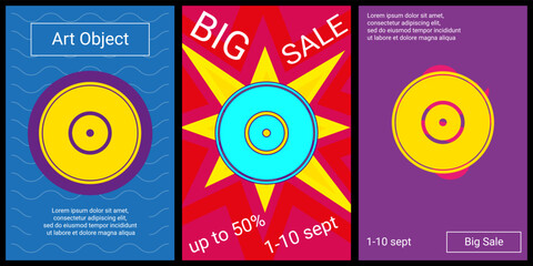 Poster - Trendy retro posters for organizing sales and other events. Large gramophone record symbol in the center of each poster. Vector illustration on black background