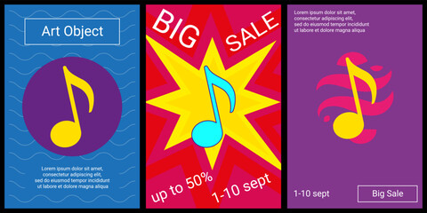 Poster - Trendy retro posters for organizing sales and other events. Large musical note symbol in the center of each poster. Vector illustration on black background