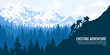 Silhouette of people in a team in the mountains. Travel concept of exploring and observing nature. Hiking. Climbing. Adventure tourism. Flat design for social media, poster, banner. Landscape. 