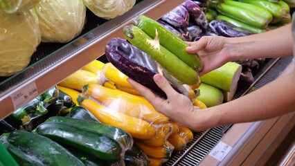 Wall Mural - The woman takes zucchini from the shelf and selects the ripe ones. Buying vegetables at a local store. Consumption of vegetables is good for health food. Eco shop with organic vegetables.