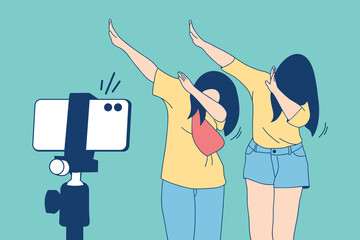 Illustrations of two Beautiful influencer girl happy recording dancing dab style video with smartphone for tiktok challenge