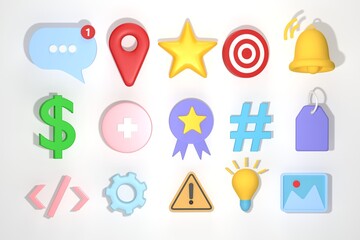 Fototapete - 3D rendering, 3D illustration. Dollar, gps, light bulb, bell, bubble, target, ribbon, warning, price tag, Hashtag. Cartoon style for web isolated on white background