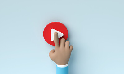 Poster - 3D render, 3D illustration. Cartoon hand press push button on video player. Entertainment technology concept.