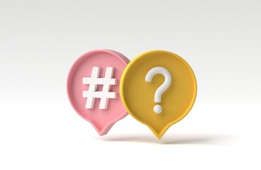 Fototapete - Hashtag sign symbol and Question mark in social media notification icon isolated on white background. 3D render, 3D illustration.
