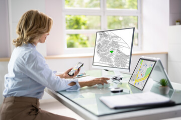Poster - Businessperson Analyzing Cadastre Map On Computer
