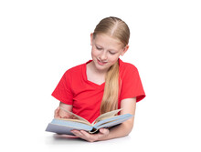 Happy Smiling Girl In A Red T-shirt Enthusiastically Reading A Book, Isolated On A Transparent Background