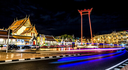 Wall Mural - Landmark Wat Suthat Buddhist Temple in Bangkok at night