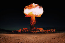 Terrible Explosion Of A Nuclear Bomb With A Mushroom In The Desert. Hydrogen Bomb Test. World War 3. Nuclear Catastrophe