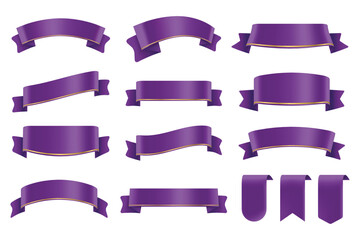 Set of Purple Color Ribbons and Tags isolated on white background. 3D Vector Illustration.
