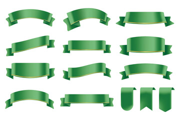 set of green color ribbons and tags isolated on white background. 3d vector illustration.
