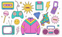 Bright Doodle Set Of Items From The Nineties - Retro Cassette Tape, Sports Jacket, Tape Recorder, Roller Skate, TV, Joystick, Floppy Disk, Cool And Wow Stickers, Lightnings. Nostalgia For The 1990s.