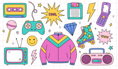 Bright doodle set of items from the nineties - retro cassette tape, sports jacket, tape recorder, roller skate, TV, joystick, floppy disk, cool and wow stickers, lightnings. Nostalgia for the 1990s.