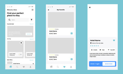 Wall Mural - Hotel Booking mobile app UI kit. Hotel booking services. UI, UX, GUI screens for responsive mobile app. vector design.