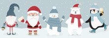 Set Of Cute Christmas Characters. Vector Illustration In Flat Cartoon Style