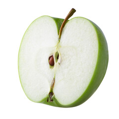 Wall Mural - Green apple with green leaf and cut slice with seed isolated on alpha background.