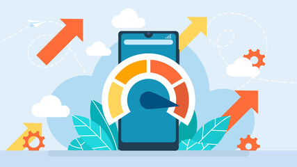 Phone with speed test on the screen. Website loading optimization Page speed and SEO. Website speed. Loading time. Page optimization. Speed test metering dial. Media content. Illustration.