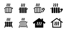 Heater Electric Equipment Vector Icon Set. House Temperature Control Symbol. Heating Radiator System For Home Appliance Illustration.