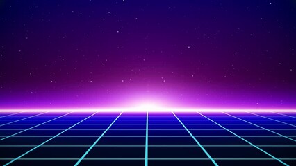 Fototapete - Retro style 80s Sci-Fi Background Futuristic with laser grid landscape. Digital cyber surface style of the 1980s.