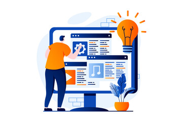 web development concept with people scene in flat cartoon design. man designer creates websites layo