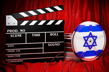 Poster - Israeli cinematography, film industry, cinema in Israel. Clapperboard with and film reels on the red fabric, 3D rendering