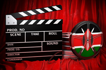 Poster - Kenyan cinematography, film industry, cinema in Kenya. Clapperboard with and film reels on the red fabric, 3D rendering