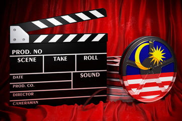 Poster - Malaysian cinematography, film industry, cinema in Malaysia. Clapperboard with and film reels on the red fabric, 3D rendering