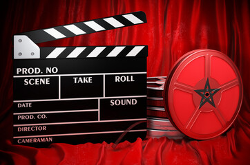 Poster - Moroccan cinematography, film industry, cinema in Morocco. Clapperboard with and film reels on the red fabric, 3D rendering