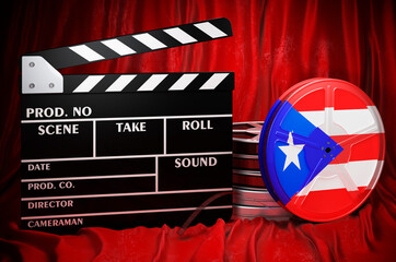 Poster - Puerto Rican cinematography, film industry, cinema in Puerto Rico. Clapperboard with and film reels on the red fabric, 3D rendering