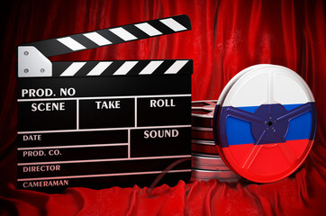Poster - russian cinematography, film industry, cinema in russia. clapperboard with and film reels on the red