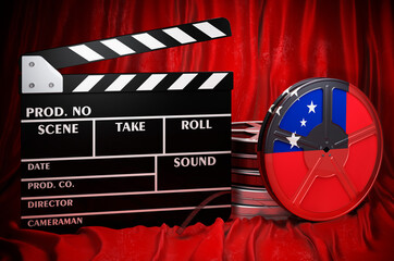 Poster - samoan cinematography, film industry, cinema in samoa. clapperboard with and film reels on the red f