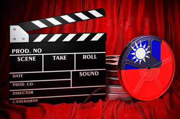 Poster - Taiwanese cinematography, film industry, cinema in Taiwan. Clapperboard with and film reels on the red fabric, 3D rendering